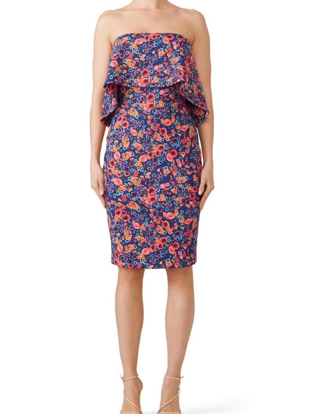 Badgley Mischka Navy Floral Strapless Dress